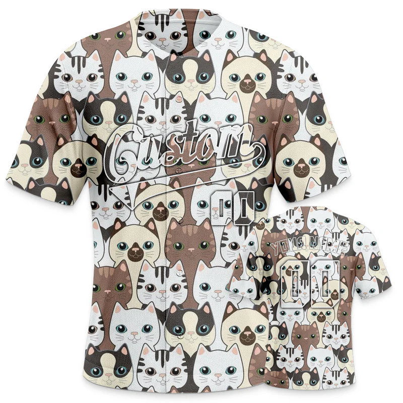 Custom White Brown-Beige 3D Pattern Design Cat And Peacock Authentic Baseball Jersey