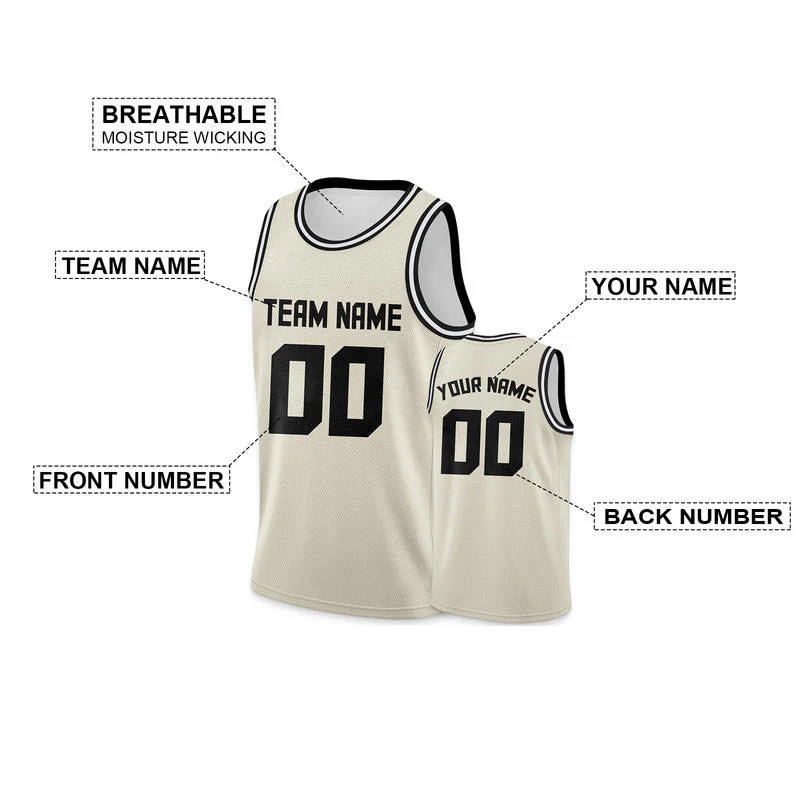 Custom Cream Black Round Neck Rib-Knit Basketball Jersey