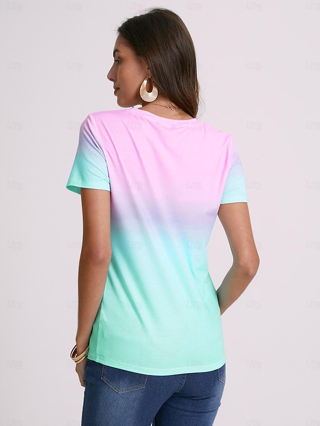 Ombre Print Round Neck Short Sleeve Tee - Daily Vacation Wear - Fashion Style, Summer Collection
