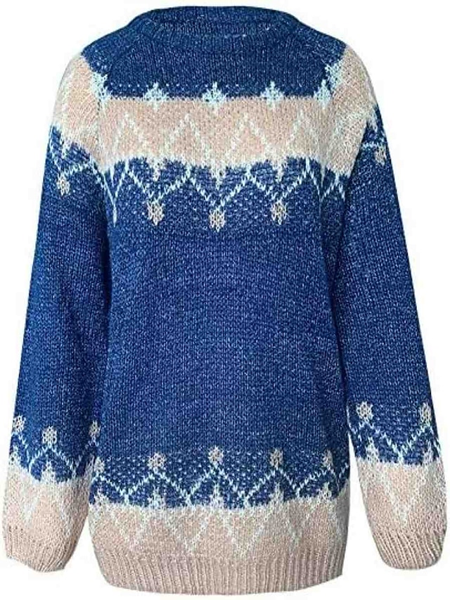 Chunky Knit Pullover Sweater with Drop Shoulder and Geometric Pattern – Cozy Crew Neck Jumper for Fall and Winter