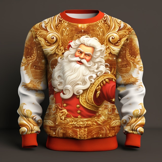 Festive Santa Claus Graphic 3D Print Long Sleeve Pullover Sweatshirt in Black, Gold, and Yellow for Holiday and Vacation