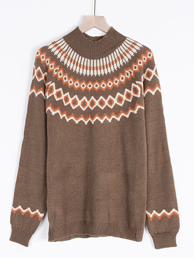 Trendy Geometric Knit Pullover Jumper with Turtleneck and Long Sleeves for Casual Fall and Winter Wear