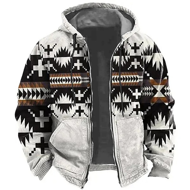 Ethnic Tribal Graphic Print 3D Zip Hoodie Jacket - Classic Native American Style Outerwear for Streetwear, Vacations, and Holidays in Blue, Green, and Khaki