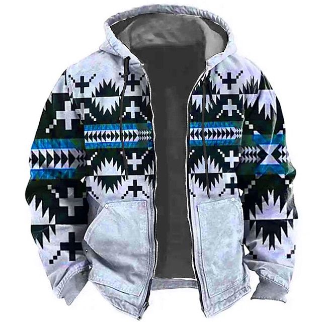 Ethnic Tribal Graphic Print 3D Zip Hoodie Jacket - Classic Native American Style Outerwear for Streetwear, Vacations, and Holidays in Blue, Green, and Khaki