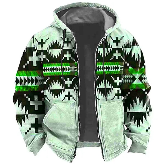 Ethnic Tribal Graphic Print 3D Zip Hoodie Jacket - Classic Native American Style Outerwear for Streetwear, Vacations, and Holidays in Blue, Green, and Khaki