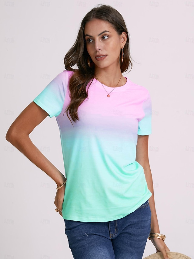Ombre Print Round Neck Short Sleeve Tee - Daily Vacation Wear - Fashion Style, Summer Collection