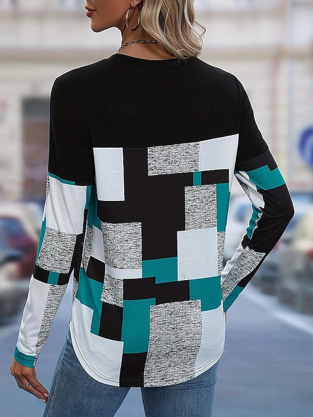 Color Block Striped Tunic with Long Sleeves and Crew Neck for Spring and Fall
