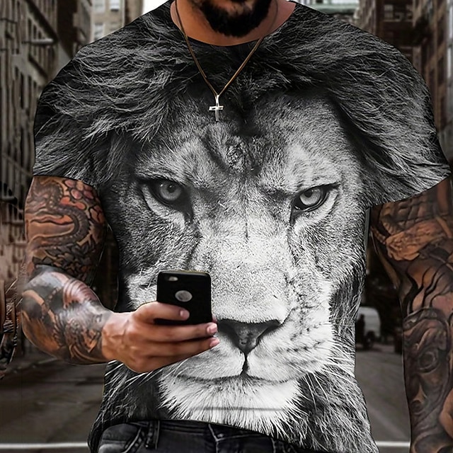 Vintage Animal Lion 3D Print Crew Neck T-Shirt for Outdoor Sports and Daily Wear - Short Sleeve Graphic Tee