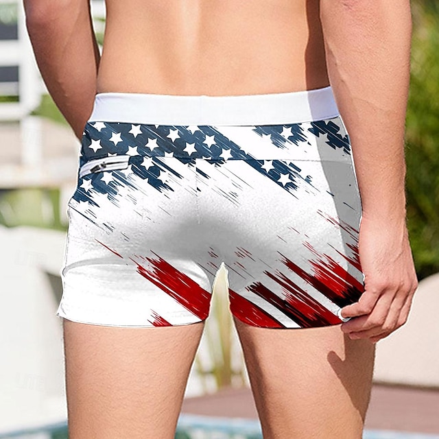 Flag 3D Print Swim Trunks with Elastic Waist and Drawstring – Ideal for Beach and Surfing