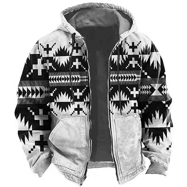 Ethnic Tribal Graphic Print 3D Zip Hoodie Jacket - Classic Native American Style Outerwear for Streetwear, Vacations, and Holidays in Blue, Green, and Khaki