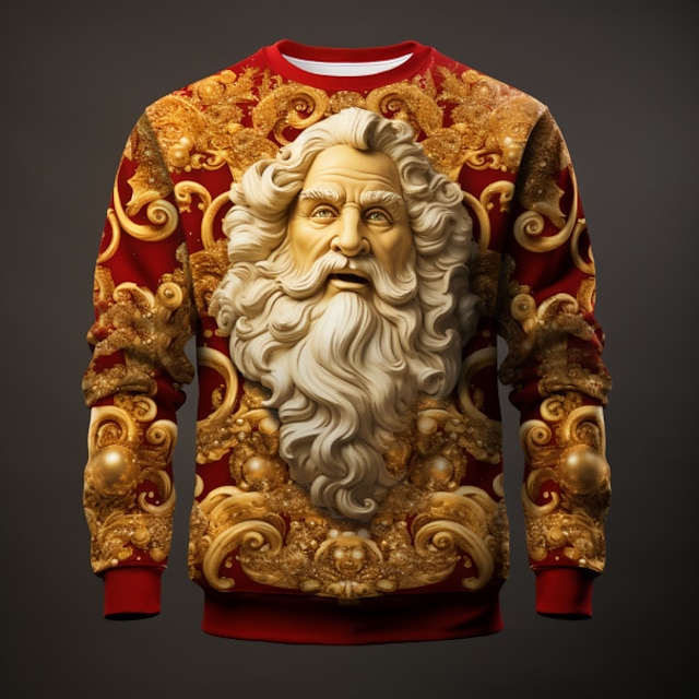 Festive Santa Claus Graphic 3D Print Long Sleeve Pullover Sweatshirt in Black, Gold, and Yellow for Holiday and Vacation