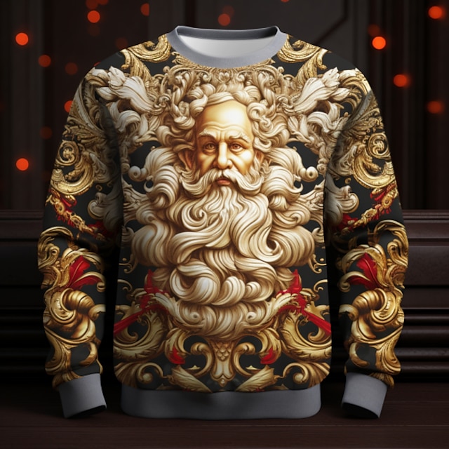 Festive Santa Claus Graphic 3D Print Long Sleeve Pullover Sweatshirt in Black, Gold, and Yellow for Holiday and Vacation