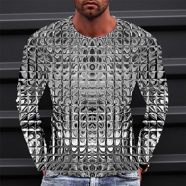 Gradient Metallic Graphic Long Sleeve Crew Neck Tee with 3D Print – Fashionable Designer Apparel for Sports and Daily Wear